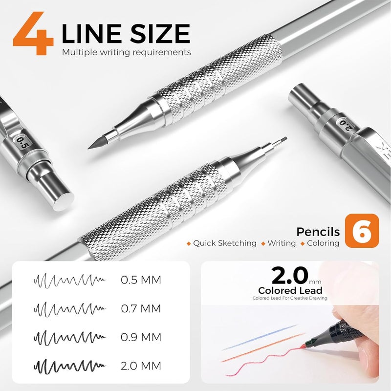 STAGEEK 35Pcs Art Mechanical Pencil Set with Case, 0.5 0.7 0.9 2.0 Graphite Metal Drawing Drafting Pencils, Sharpener Erasers 384PCS Lead Refills (6B 4B 2B HB 2H 4H Colors)Pencils for Writing Sketching,Silver - Image 3
